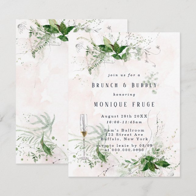 Eucalyptus Leaves Pink Brunch & Bubbly Invites (Front/Back)