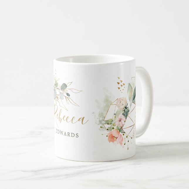 Eucalyptus leaves, rose, gold frame, your name coffee mug (Front Right)