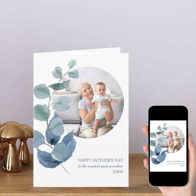 Eucalyptus Leaves Round Photo Happy Mother's Day Card (Creator Uploaded)