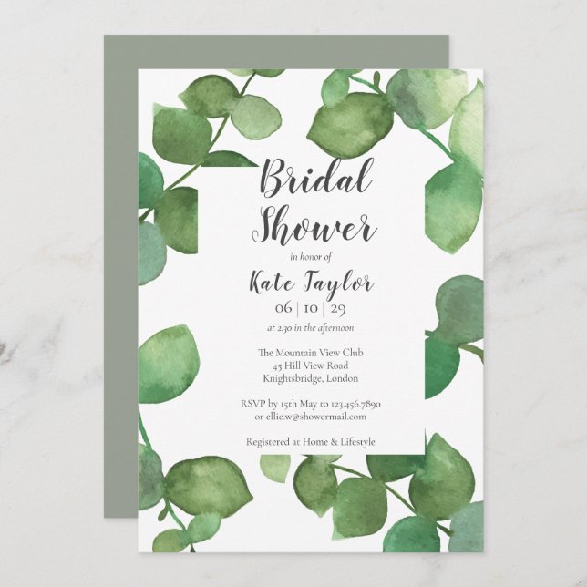 Eucalyptus Leaves Script Bridal Shower Invitation (Front/Back)