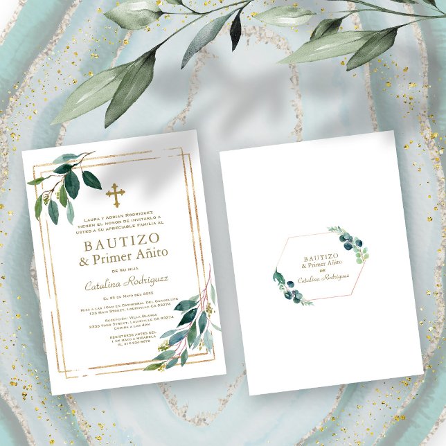 Eucalyptus Leaves Spanish 1st Birthday Baptism Invitation (Creator Uploaded)