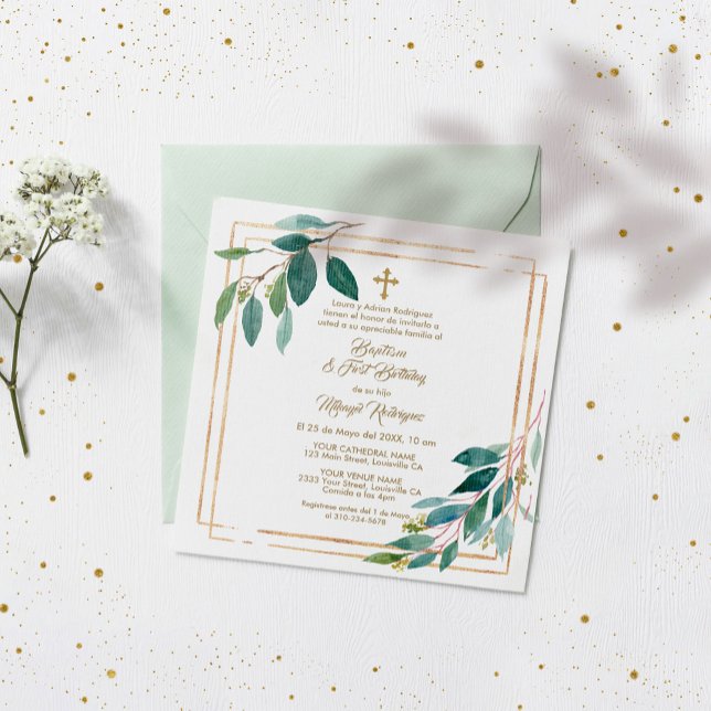 Eucalyptus Leaves Spanish Boy 1st Birthday Baptism Invitation (Creator Uploaded)