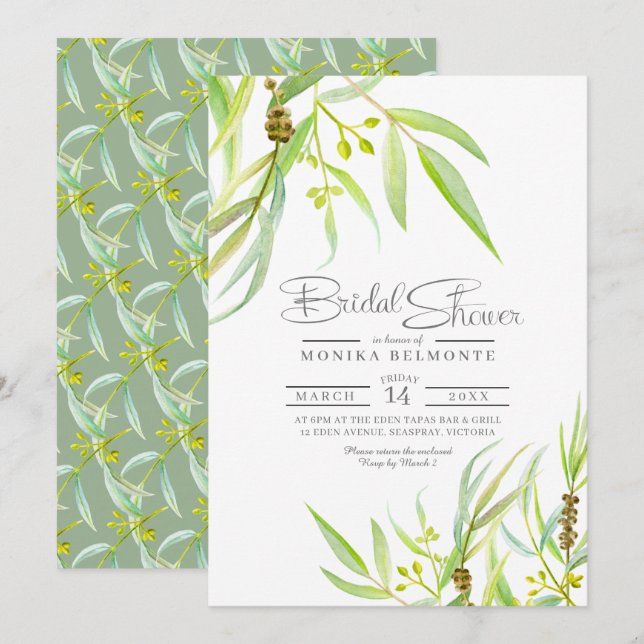 Eucalyptus leaves watercolor bridal shower invitation (Front/Back)
