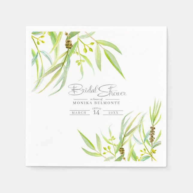 Eucalyptus leaves watercolor green bridal shower napkin (Front)