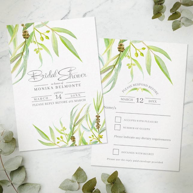 Eucalyptus leaves watercolor green bridal shower RSVP card (Creator Uploaded)