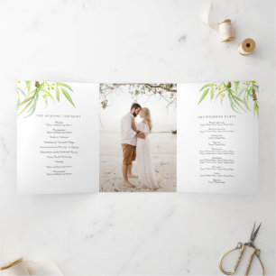 Eucalyptus leaves watercolor green photo wedding Tri-Fold programme