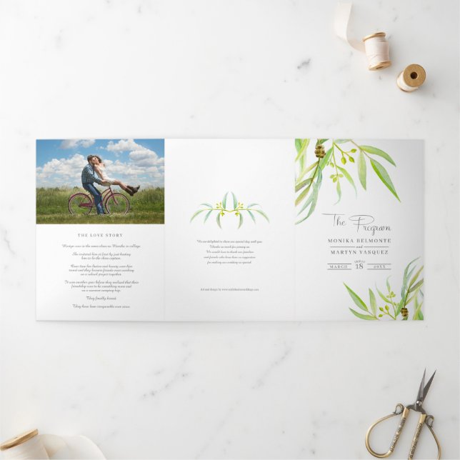 Eucalyptus leaves watercolor green photo wedding Tri-Fold programme (Outside)