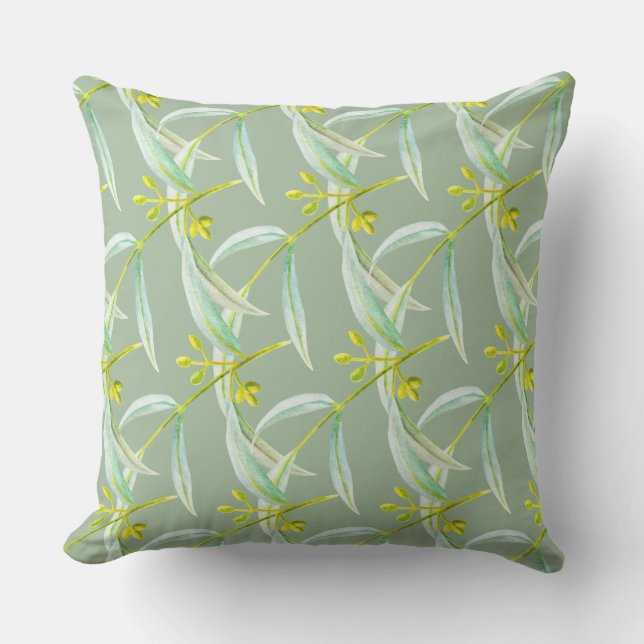 Eucalyptus leaves watercolor painting art cushion (Front)