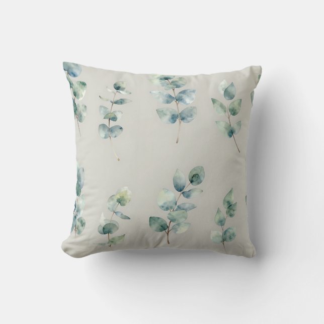 Eucalyptus Leaves Watercolor Pattern Cushion (Front)