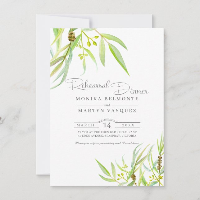 Eucalyptus leaves watercolor rehearsal dinner invitation (Front)