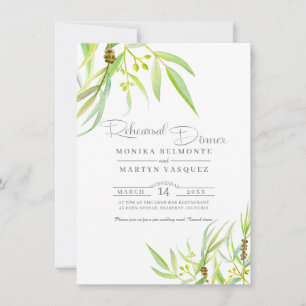 Eucalyptus leaves watercolor rehearsal dinner invitation