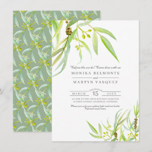 Eucalyptus leaves watercolor rehearsal dinner invitation