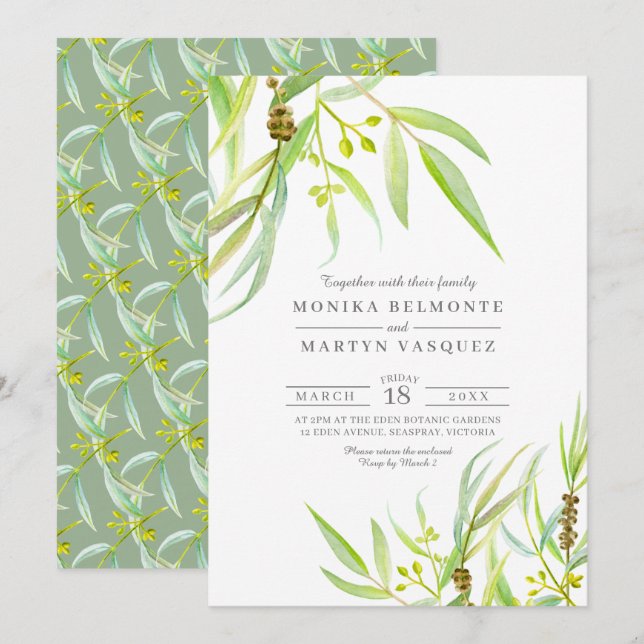 Eucalyptus leaves watercolor wedding invitation (Front/Back)