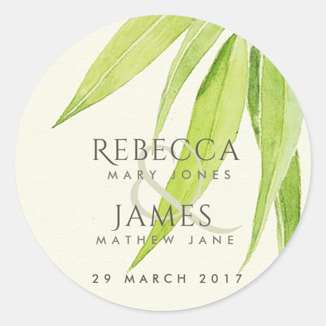 EUCALYPTUS LEAVES WATERCOLOUR FOLIAGE MONOGRAM CLASSIC ROUND STICKER (Front)