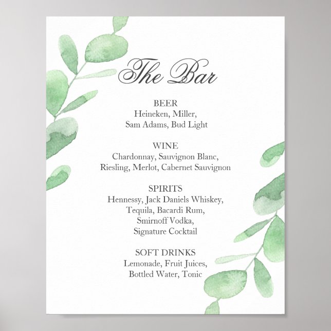 Eucalyptus leaves. Wedding Bar menu Poster (Front)