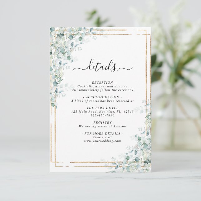 Eucalyptus Leaves  Wedding Details Enclosure Card (Standing Front)