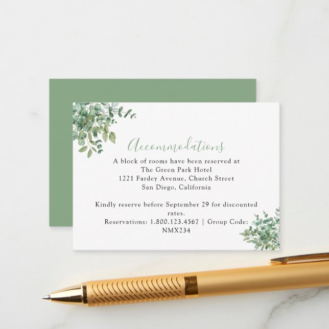 Eucalyptus Leaves Wedding Enclosure Card (Front/Back In Situ)