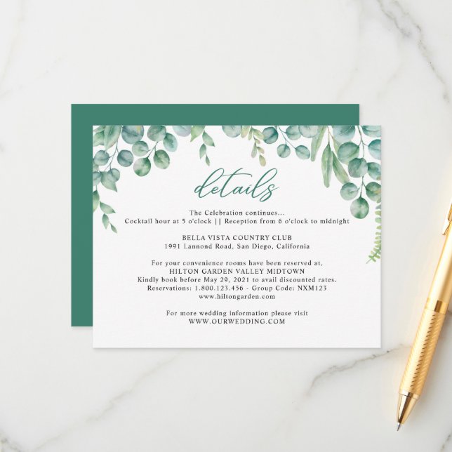 Eucalyptus Leaves Wedding Enclosure Card (Front/Back In Situ)