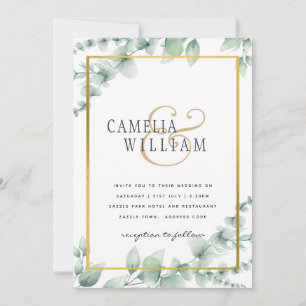 Eucalyptus Leaves WEDDING Greenery GOLD QR CODE  Invitation