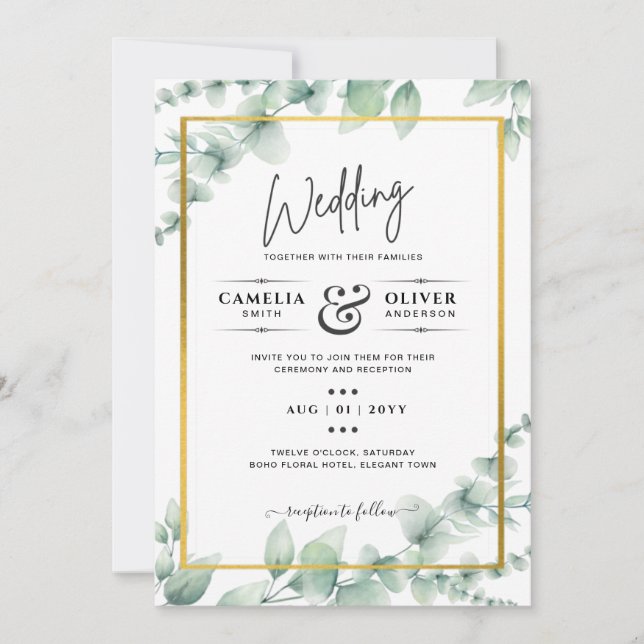 Eucalyptus Leaves WEDDING Greenery GOLD QR CODE  Invitation (Front)