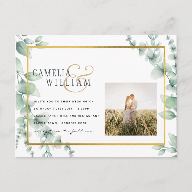 Eucalyptus Leaves WEDDING Greenery GOLD QR CODE  Postcard (Front)