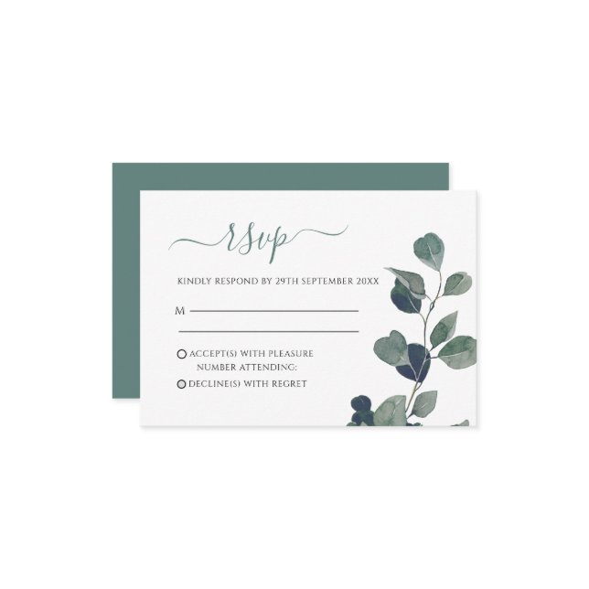 Eucalyptus Leaves Wedding RSVP Card (Front/Back In Situ)