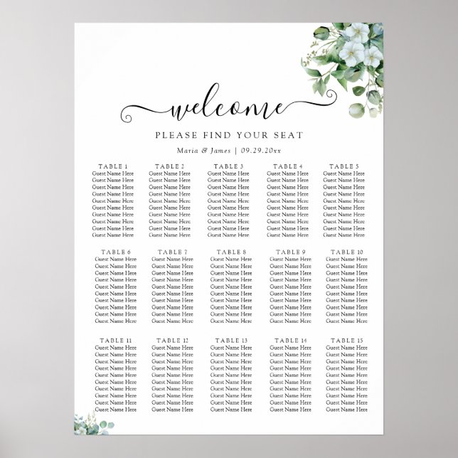 Eucalyptus Leaves Wedding Seating Chart Poster (Front)