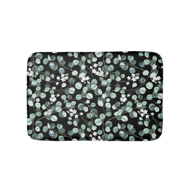 Eucalyptus Leaves: White Flowers Pattern Bath Mat (Front)