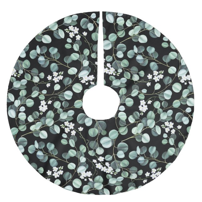 Eucalyptus Leaves: White Flowers Pattern Brushed Polyester Tree Skirt (Front)