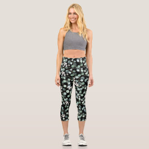 Eucalyptus Leaves: White Flowers Pattern Capri Leggings