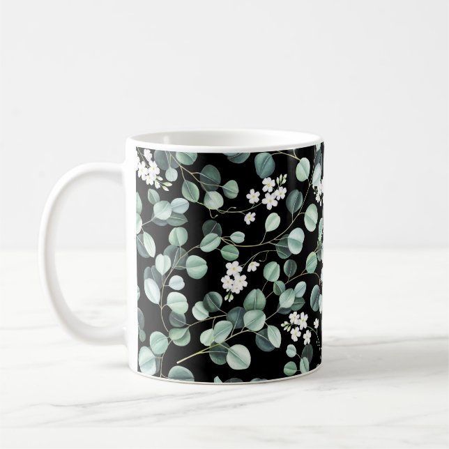 Eucalyptus Leaves: White Flowers Pattern Coffee Mug (Left)