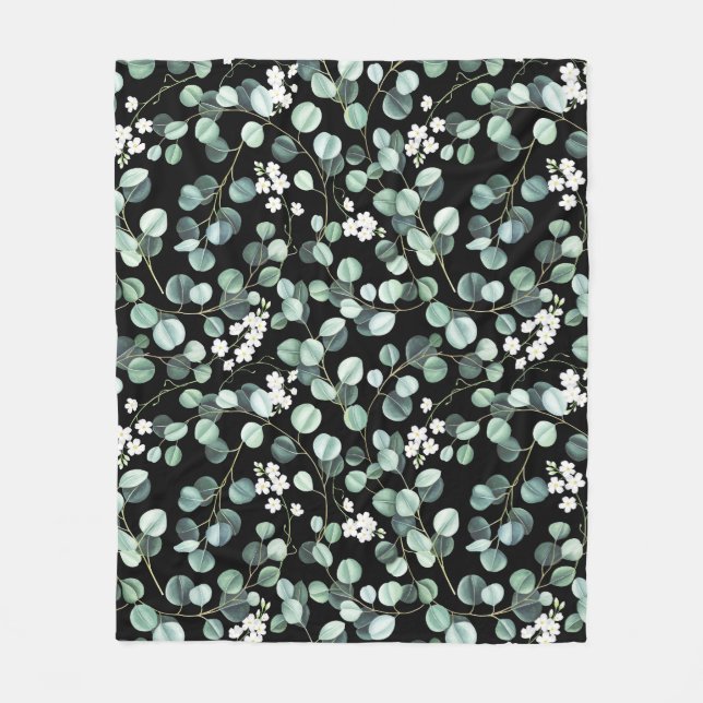 Eucalyptus Leaves: White Flowers Pattern Fleece Blanket (Front)