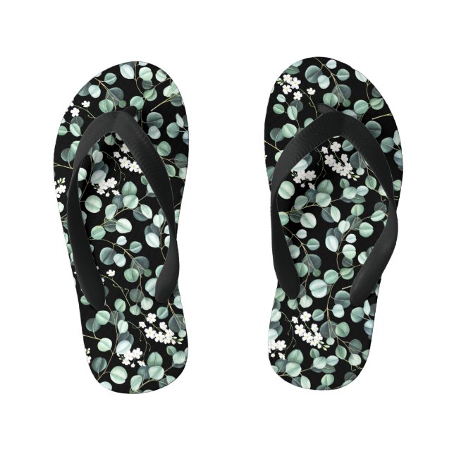 Eucalyptus Leaves: White Flowers Pattern Kid's Flip Flops (Footbed)