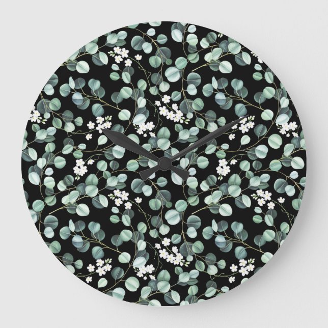 Eucalyptus Leaves: White Flowers Pattern Large Clock (Front)