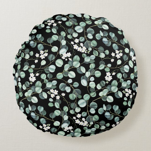 Eucalyptus Leaves: White Flowers Pattern Round Cushion (Front)