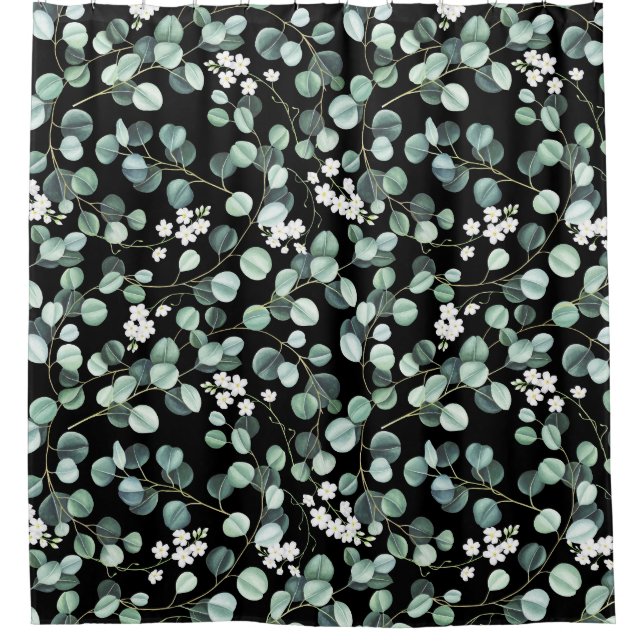 Eucalyptus Leaves: White Flowers Pattern Shower Curtain (Front)