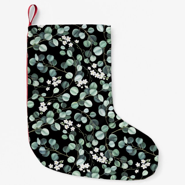 Eucalyptus Leaves: White Flowers Pattern Small Christmas Stocking (Front)