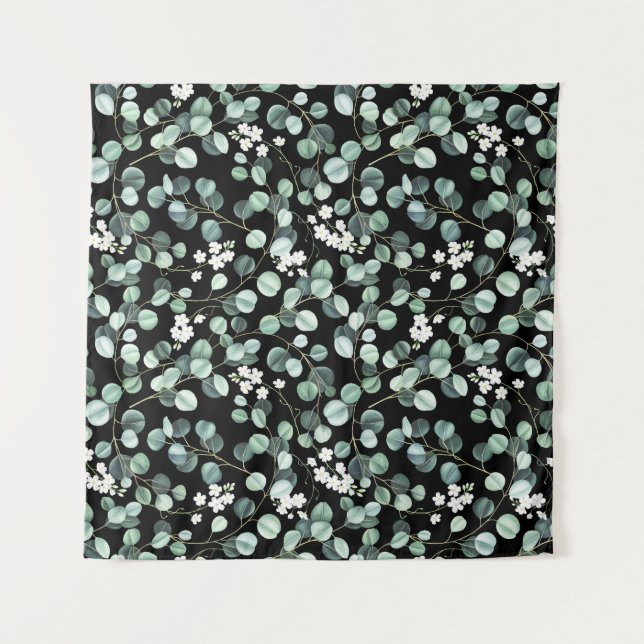 Eucalyptus Leaves: White Flowers Pattern Tapestry (Front)