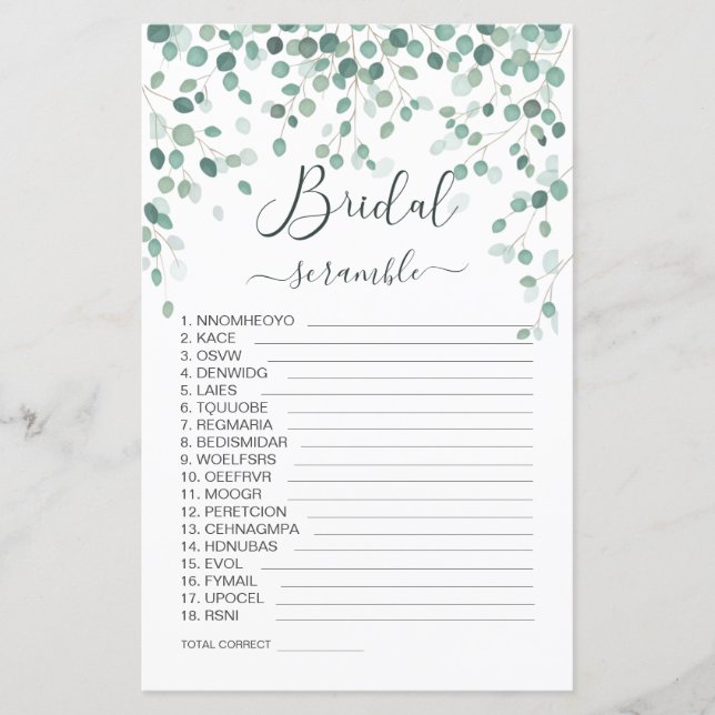 Eucalyptus Leaves Word Scramble Bridal Shower Game (Front)