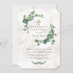 Eucalyptus Leaves Wreath Cross Marble Baptism Invitation