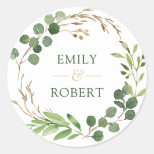 Eucalyptus Leaves Wreath Gold Accents Classic Round Sticker