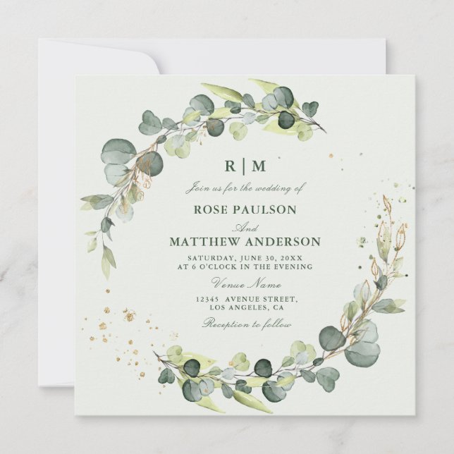 eucalyptus leaves wreath wedding invitation (Front)