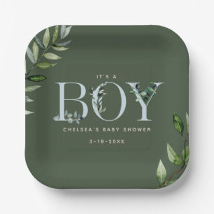 Eucalyptus Lettering Green Blue Boy Baby Shower Paper Plate