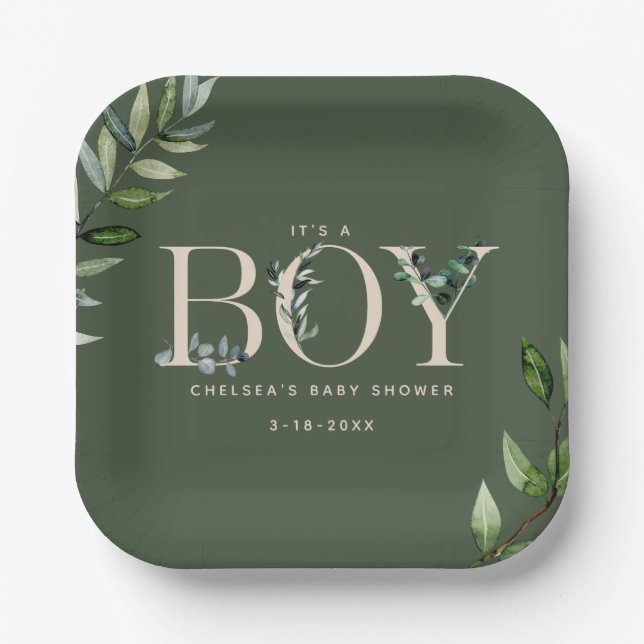 Eucalyptus Lettering Green Boy Baby Shower Paper Plate (Front)