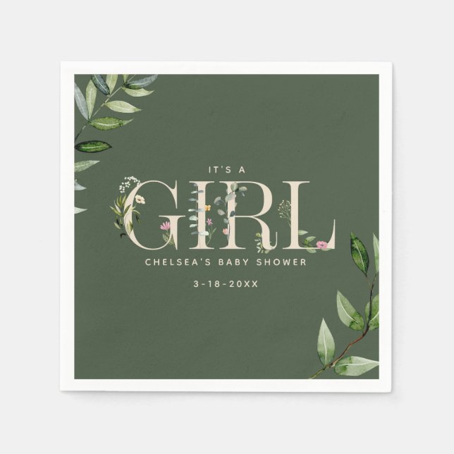 Eucalyptus Lettering Green Girl Baby Shower Napkin (Front)