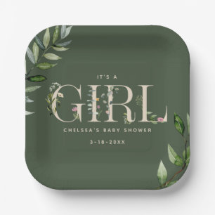 Eucalyptus Lettering Green Girl Baby Shower Paper Plate