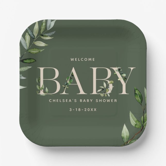 Eucalyptus Lettering Green Neutral Baby Shower Paper Plate (Front)