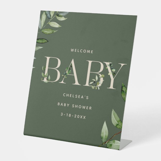 Eucalyptus Lettering Neutral Baby Shower Welcome Pedestal Sign (Front)