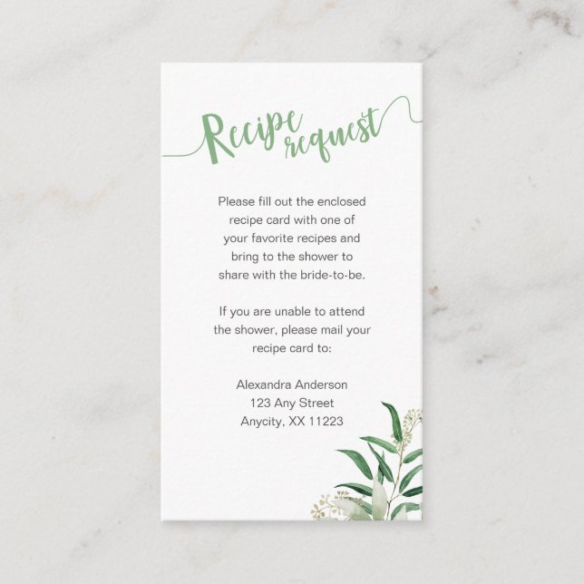 Eucalyptus Mason Jar Bridal Shower Recipe Request Enclosure Card (Front)