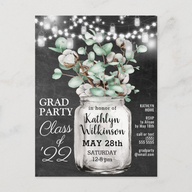 Eucalyptus Mason Jar Graduation 3 Photo Invitation Postcard (Front)